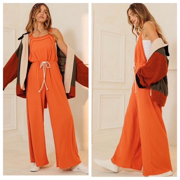 Boho Ribbed Knit Wide Leg Tie at Waist Jumpsuit - Picture 2 of 3